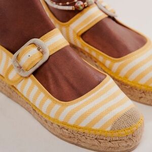 Free People Yellow and White Striped Espadrille Mary Jane Flats